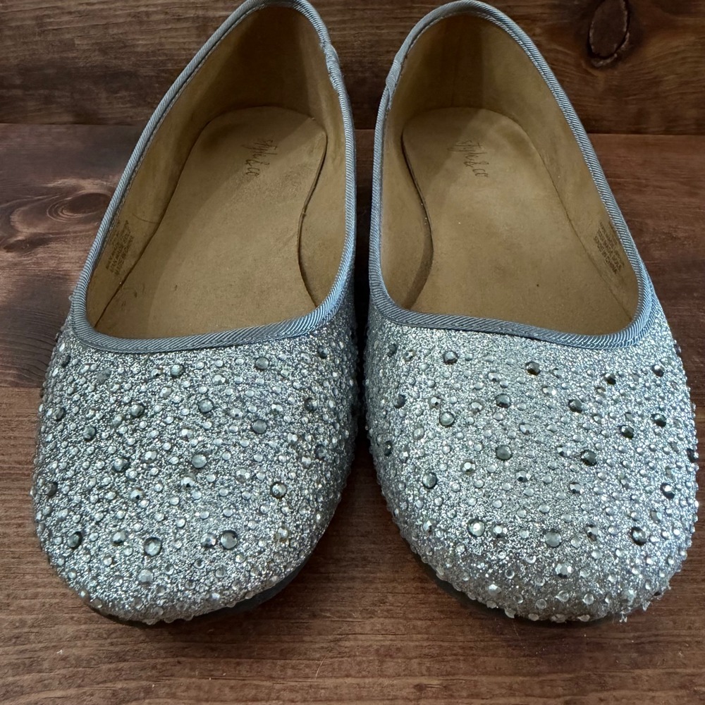Style & Co Angelyn Pewter Silver Glitter Rhinestone Ballet Flats 7.5M Like New